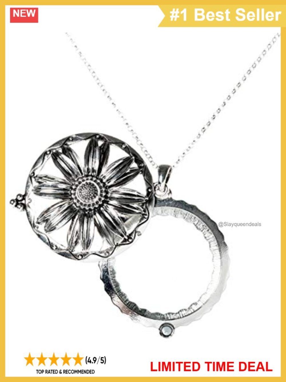 Sunflower 4X Magnifier Sliding Top Pendant Necklace 30" Lobster Clasp